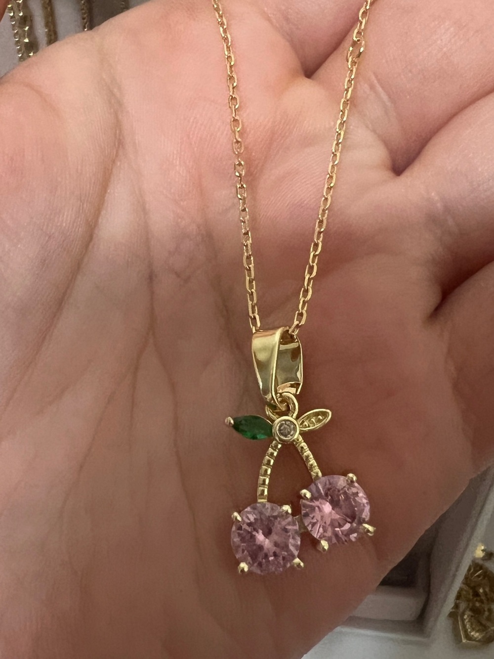 Gold Cherry Pendant Necklace with Pink Stones